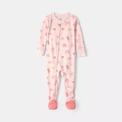 Carter's Baby Girls Footed Round Neck Long Sleeve One Piece Pajama In Pink