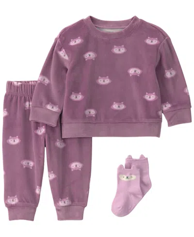 Carter's Baby Girls' Fox Print Long-sleeve Top And Pants, 3-piece Set In Purple