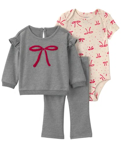 Carter's Baby Girls' French-terry Bow-print Long-sleeve Top, Bodysuit And Pants, 3-piece Set In Gray