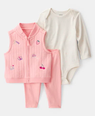 Carter's Baby Girls Fruit Embroidered Little Vest, Bodysuit & Pants, 3 Piece Set In Pink