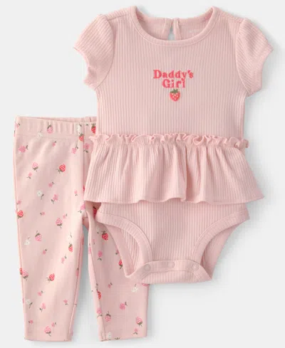 Carter's Baby Girls' Fruit Print Short-sleeve Bodysuit And Pants, 2-piece Set In Pink