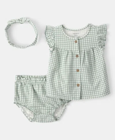 Carter's Baby Girls' Gingham Top, Shorts And Headband, 3-piece Set In Brown