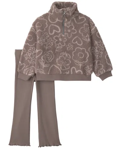 Carter's Baby Girls' Heart Teddy Fleece Quarter-zip Long-sleeve Top And Pants, 2-piece Set In Brown