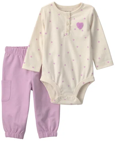 Carter's Baby Girls' Heart-print Cotton Long-sleeve Bodysuit And Pants, 2-piece Set In Multi