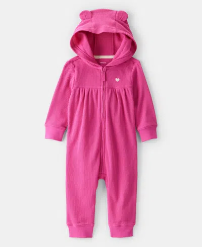 Carter's Baby Girls Hooded Heart Long-sleeve Thermal Jumpsuit In Pink