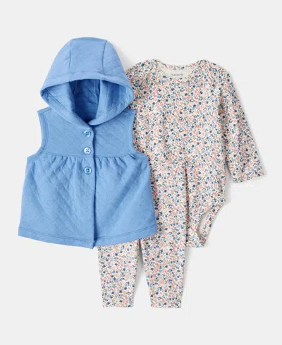 Carter's Baby Girls Hooded Vest, Floral-print Bodysuit & Pants, 3 Piece Set In Blue