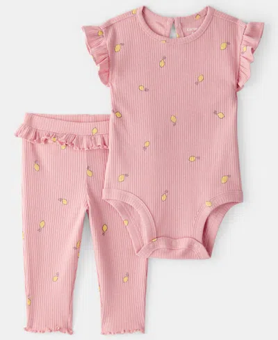 Carter's Baby Girls' Lemon Flutter-sleeve Bodysuit And Pants, 2-piece Set In Pink