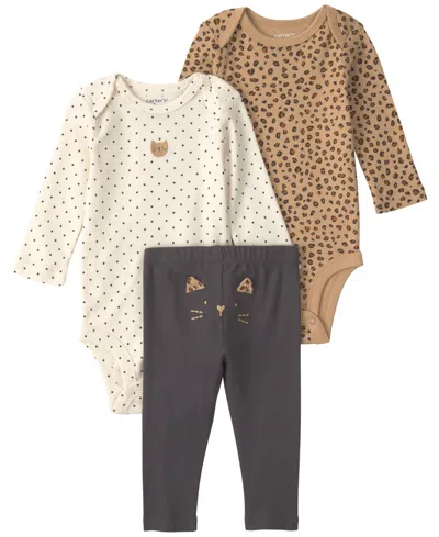Carter's Baby Girls' Leopard Long-sleeve Bodysuits And Pants, 3-piece Set In Brown