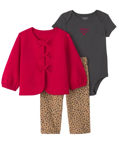 Carter's Baby Girls' Leopard Print French Terry Long-sleeve Cardigan, Bodysuit And Pants, 3-piece Set In Multi