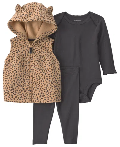Carter's Baby Girls' Leopard-print Long-sleeve Hooded Vest, Bodysuit And Leggings, 3-piece Set In Black