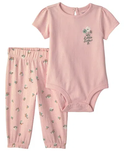 Carter's Baby Girls' Little Sister Floral Bodysuit And Pant, 2-piece Set In Pink