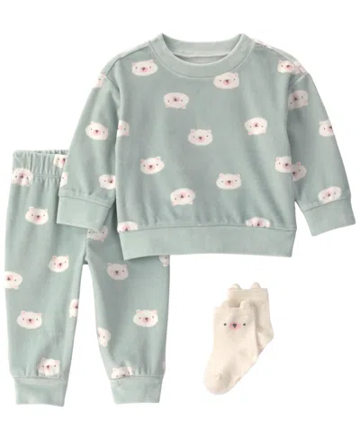 Carter's Baby Girls' Long-sleeve Bear-print Top, Pants, And Socks, 3-piece Set In Green