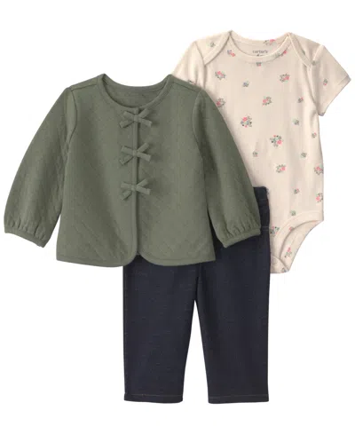 Carter's Baby Girls' Long-sleeve Cardigan, Bodysuit And Pants, 3-piece Set In Green