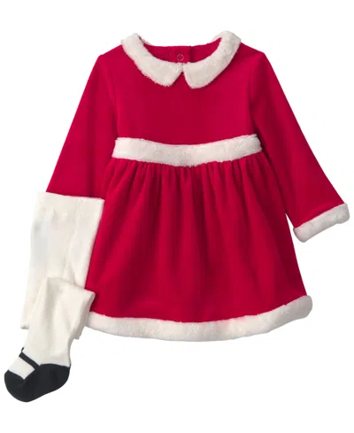 Carter's Baby Girls' Long-sleeve Christmas Velour Dress And Tights, 2-piece Set In Red
