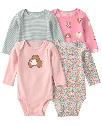 Carter's Baby Girls' Long-sleeve Dog Bodysuits, 4-pack In Multi