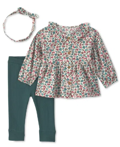 Carter's Carters' Baby Girls' Long-sleeve Floral Top, Pants And Headband, 3-piece Set In Multi