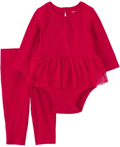 Carter's Baby Girls' Long-sleeve Keyhole-back Bodysuit And Pant, 2-piece Set In Red