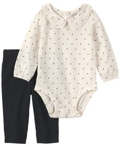 Carter's Baby Girls' Long-sleeve Peter Pan Collar Polka-dot Bodysuit And Pants, 2-piece Set In Black