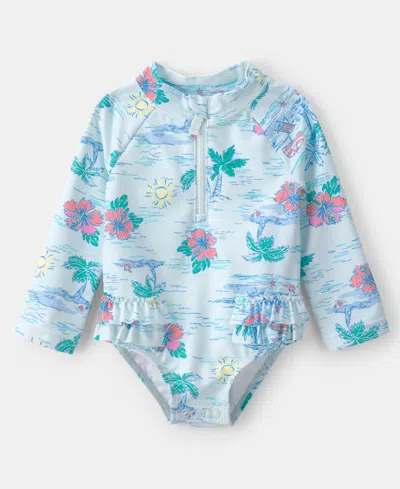 Carter's Baby Girls' One-piece Tropical Beach Long-sleeve Rashguard Swimsuit In Blue