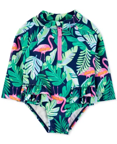 Carter's Baby Girls One-piece Tropical Flamingo Rash Guard Swimsuit In Blue Floral