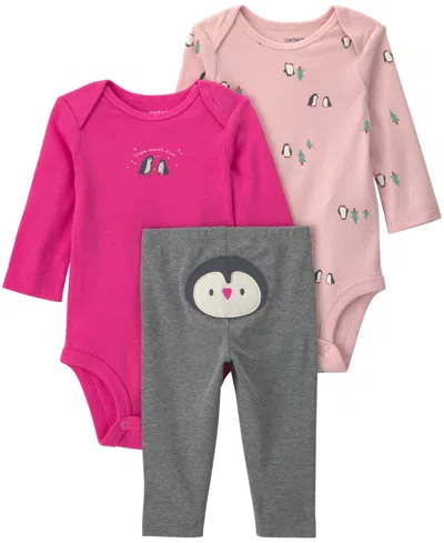 Carter's Baby Girls' Penguin Long-sleeve Bodysuits And Pants, 3-piece Set In Pink