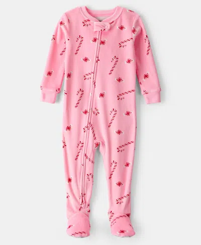 Carter's Baby Girls Peppermint Print Velour Long Sleeves, 1-piece Pajamas In Pink