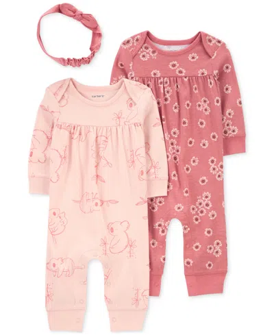 Carter's Baby Girls Pink Floral 3-piece Jumpsuit And Headband Set In Pink Multi