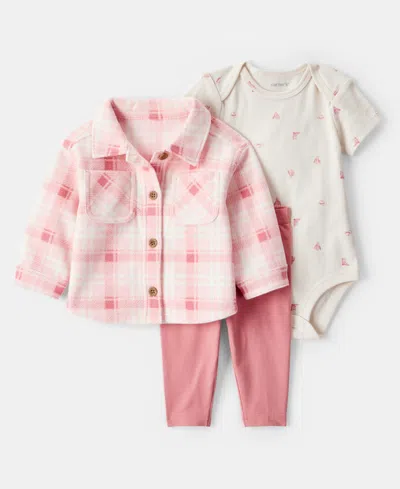 Carter's Baby Girls Plaid Fleece Jacket, Printed Bodysuit & Pants, 3 Piece Set In Multi