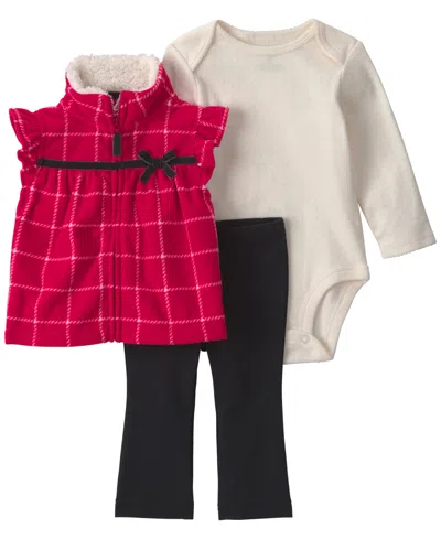 Carter's Baby Girls' Plaid Fleece Vest, Long-sleeve Bodysuit And Pants, 3-piece Set In Red