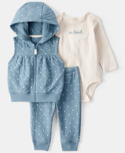 Carter's Baby Girls' Polka Dot Quilted Vest, Bodysuit, And Pants, 3-piece Set In Blue