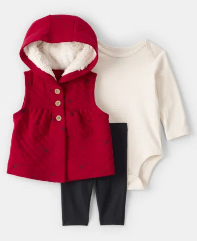 Carter's Baby Girls Printed Vest, Bodysuit And Pants, 3-piece Set In Red