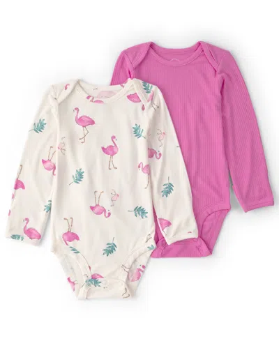 Carter's Baby Girls' Purelysoft Flamingo Long-sleeve Multipack Bodysuits, 2-pack In Pink