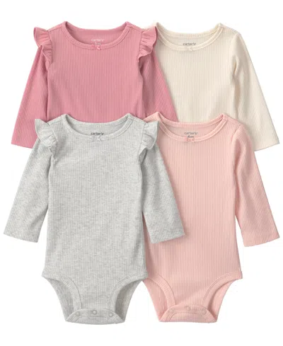Carter's Baby Girls' Ribbed Ruffled Long-sleeve Bodysuits, 4-pack In Multi