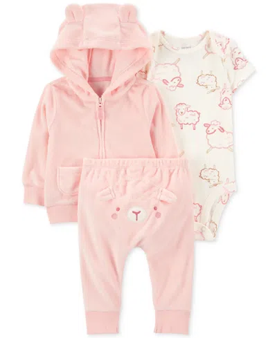 Carter's Baby Girls Sheep Little Hooded Jacket, Bodysuit & Pants, 3 Piece Set In Pink