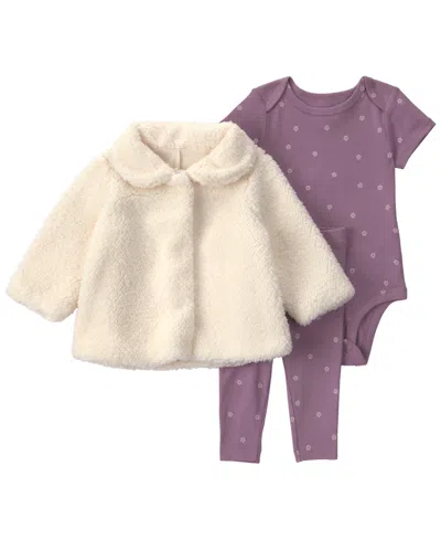 Carter's Baby Girls' Sherpa Lap-shoulder Jacket, Bodysuit And Leggings, 3-piece Set In Purple