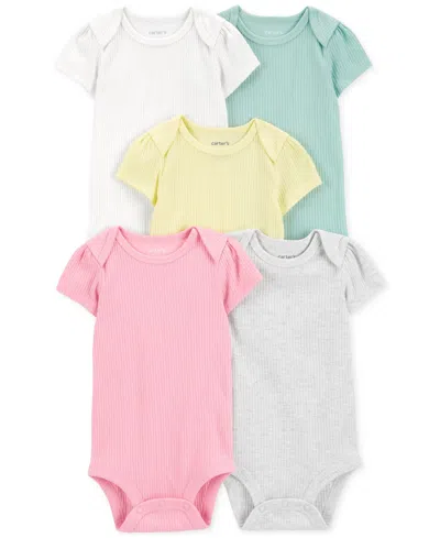 Carter's Baby Girls Short-sleeve Ribbed Bodysuits, Pack Of 5 In Gray