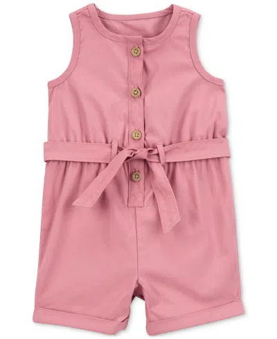 Carter's Baby Girls Sleeveless Cotton Canvas Romper In Pink