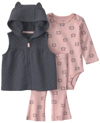 Carter's Baby Girls' Sleeveless Hooded Vest, Bodysuit And Pants, 3-piece Set In Pink