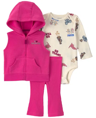 Carter's Baby Girls' Sleeveless Hooded Zip-up Vest, Bodysuit And Pants, 3-piece Set In Pink