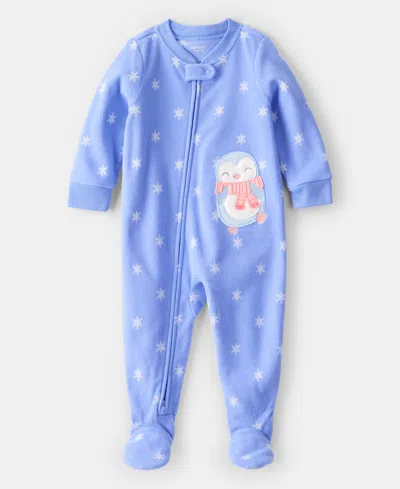 Carter's Baby Girls Snowflake-print Penguin Fleece Loose-fit 1-piece Footed Pajamas In Blue