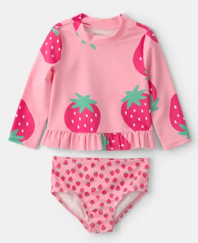 Carter's Baby Girls' Strawberry Rashguard Swimsuit, 2-piece Set In Pink