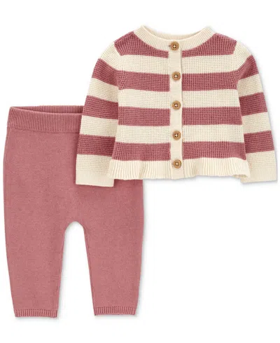 Carter's Baby Girls Striped Cardigan & Joggers In Pink,ivory
