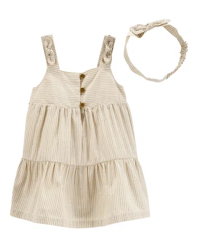Carter's Baby Girls Striped Cotton Dress & Headwrap, 2 Piece Set In Neutral