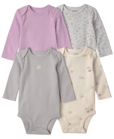 Carter's Baby Girls' Swan Long-sleeve Lap-shoulder Bodysuit, 4-pack In Multi