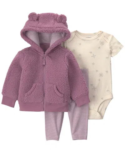 Carter's Baby Girls' Teddy Bear Fleece Jacket, Short-sleeve Bodysuit And Pants, 3-piece Set In Purple