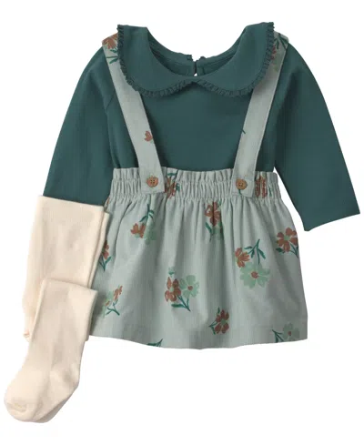 Carter's Baby Girls' T-shirt, Floral Corduroy Dress And Tights, 3-piece Set In Green