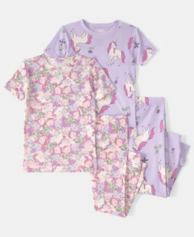 Carter's Baby Girls' Unicorn Floral Print Short-sleeve T-shirt And Snug-fit Pajama, 4-piece Set In Multi