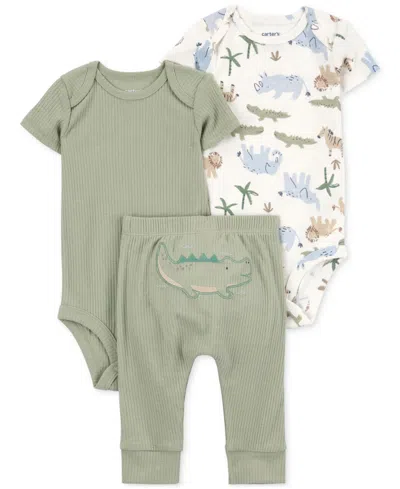 Carter's Baby Little Character Bodysuits & Pants, 3 Piece Set In Olive,aligator