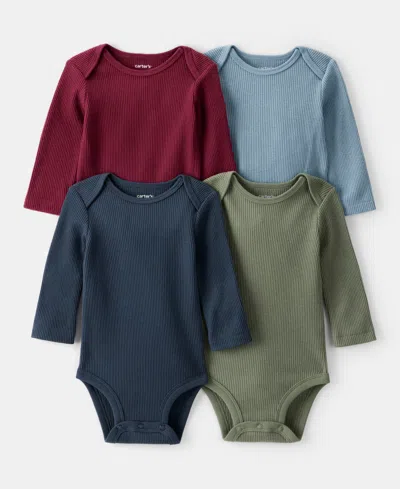 Carter's Baby Long-sleeve Ribbed Bodysuits, 4 Pack In Green