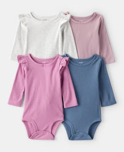 Carter's Baby Long-sleeve Ribbed Bodysuits, 4 Pack In Pink